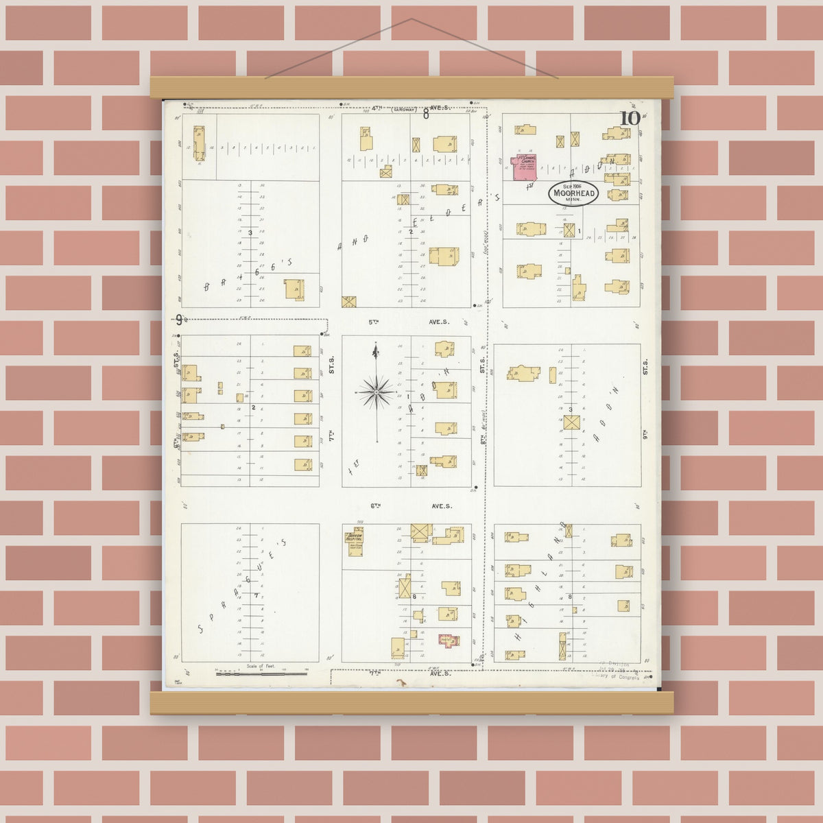 Old map wall art mockup — magnetic wood frame on brick wall — Sanborn Fire Insurance Map from Moorhead, Clay County, Minnesota (1906), Sheet #0010