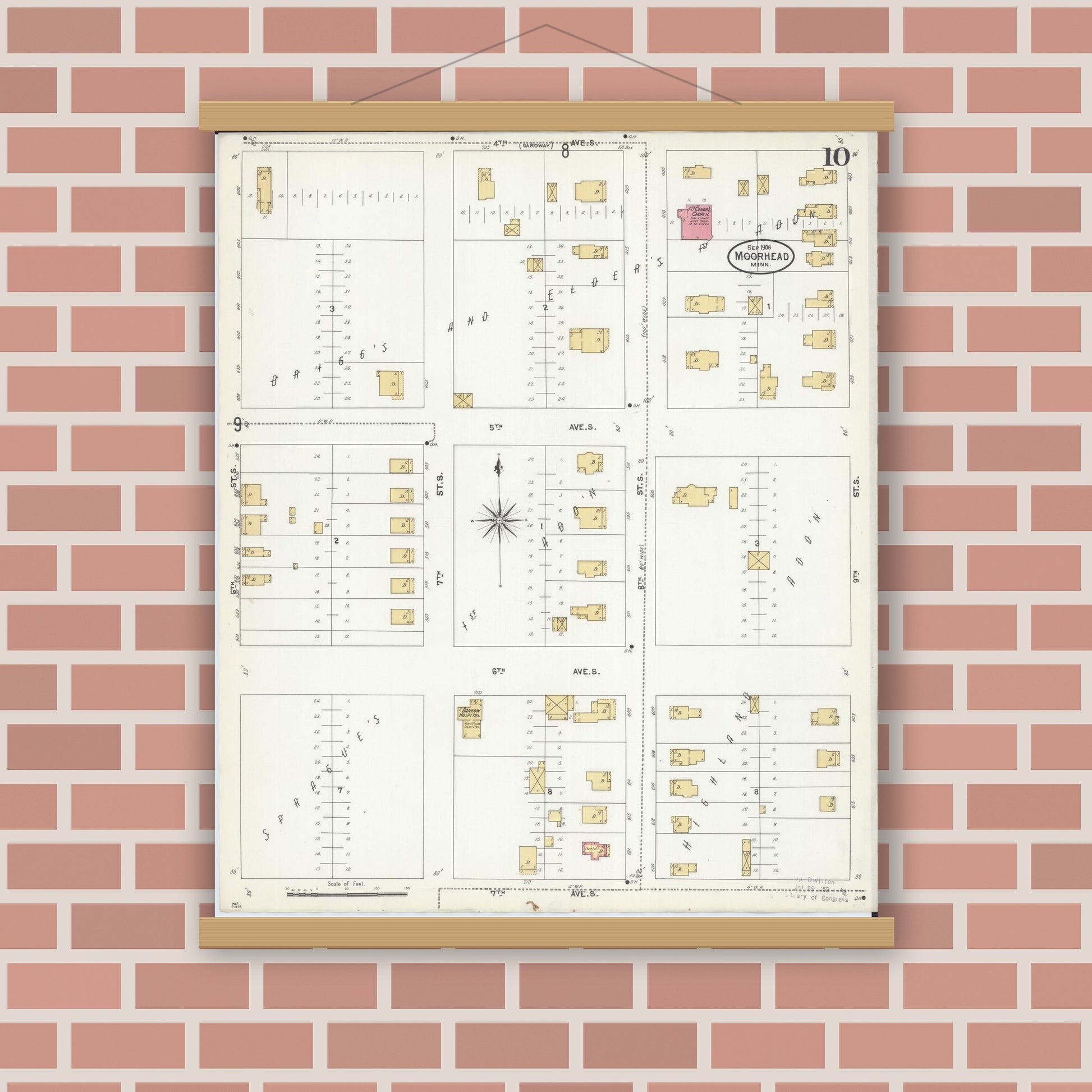 Old map wall art mockup — magnetic wood frame on brick wall — Sanborn Fire Insurance Map from Moorhead, Clay County, Minnesota (1906), Sheet #0010