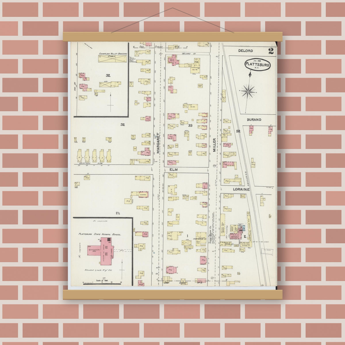 Old map wall art mockup — magnetic wood frame on brick wall — Sanborn Fire Insurance Map from Plattsburg, Clinton County, New York (1891) - Complete Map Set