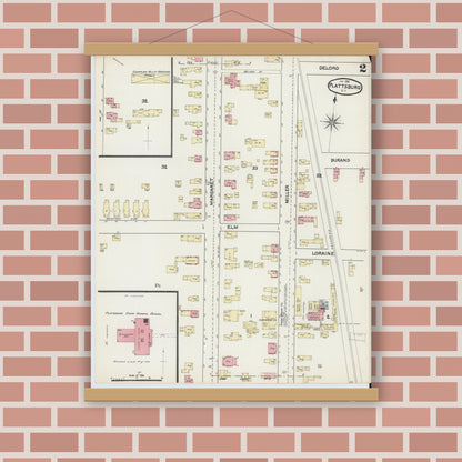 Old map wall art mockup — magnetic wood frame on brick wall — Sanborn Fire Insurance Map from Plattsburg, Clinton County, New York (1891) - Complete Map Set