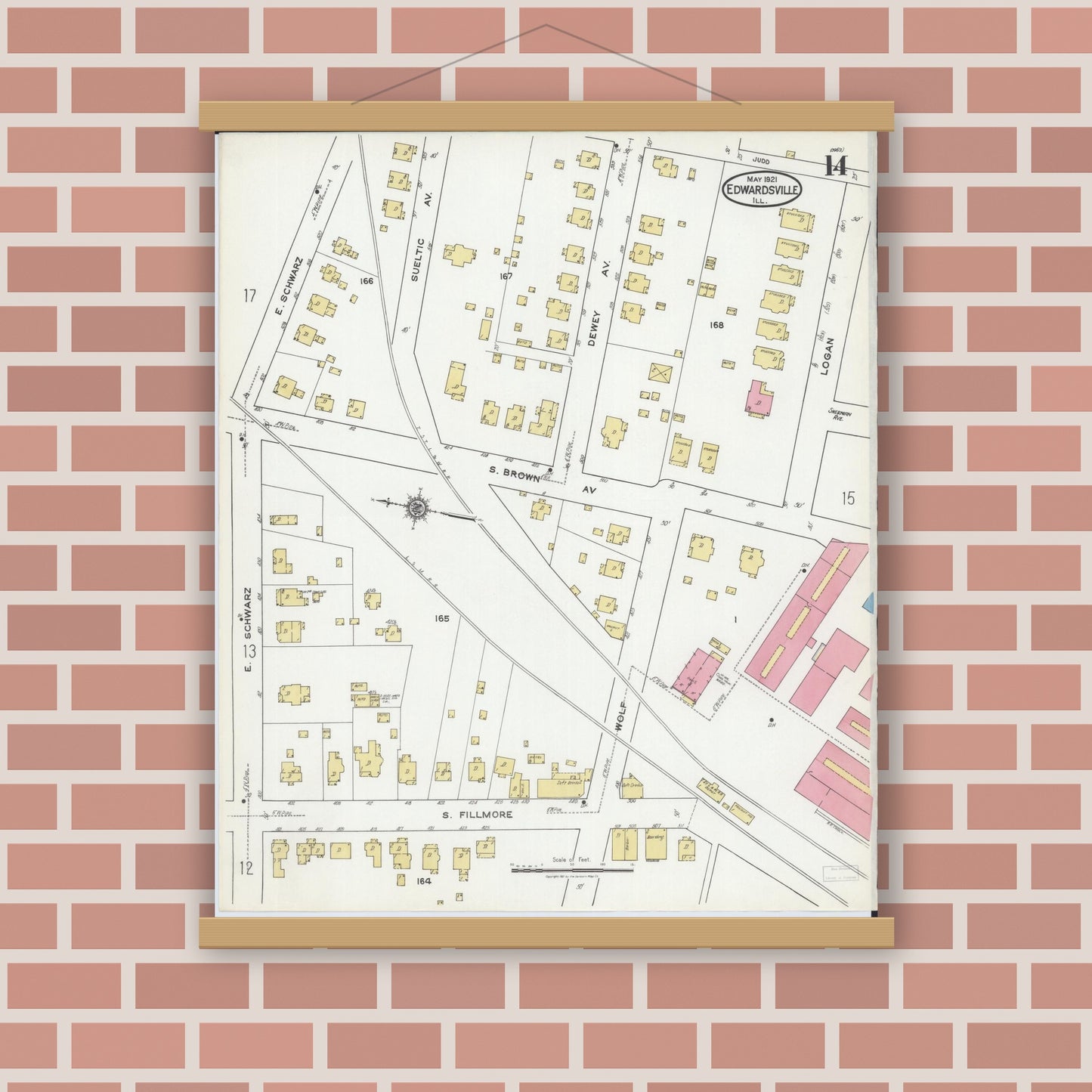 Old map wall art mockup — magnetic wood frame on brick wall — Sanborn Fire Insurance Map from Edwardsville, Madison County, Illinois (1921), Sheet #0014