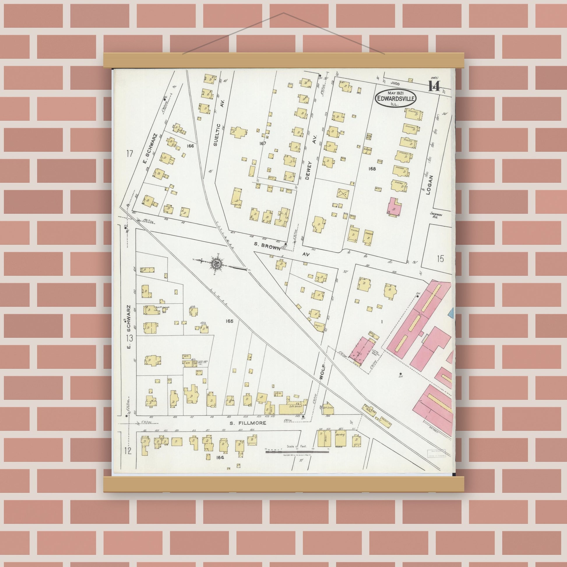Old map wall art mockup — magnetic wood frame on brick wall — Sanborn Fire Insurance Map from Edwardsville, Madison County, Illinois (1921), Sheet #0014