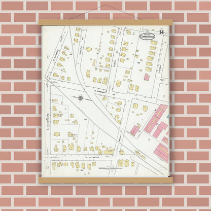 Old map wall art mockup — magnetic wood frame on brick wall — Sanborn Fire Insurance Map from Edwardsville, Madison County, Illinois (1921), Sheet #0014