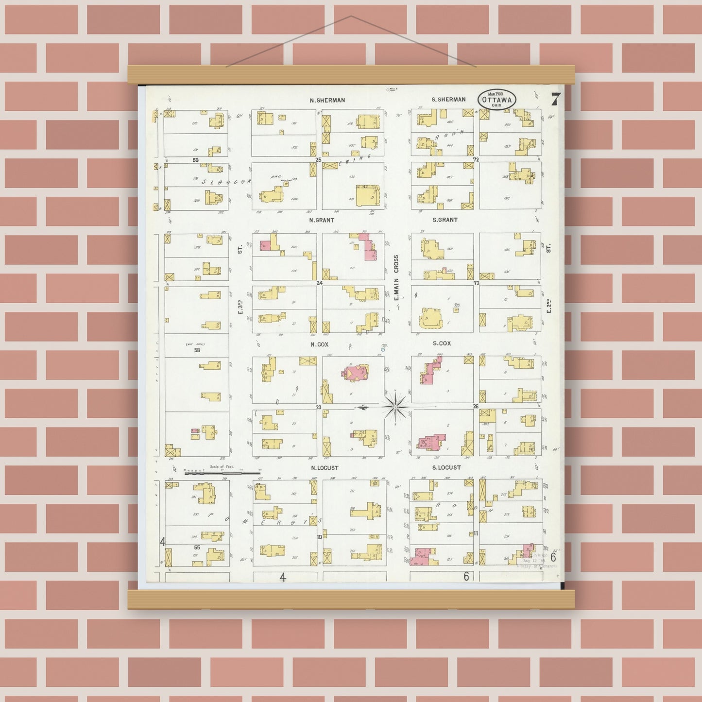 Old map wall art mockup — magnetic wood frame on brick wall — Sanborn Fire Insurance Map from Ottawa, Putnam County, Ohio (1900), Sheet #0007