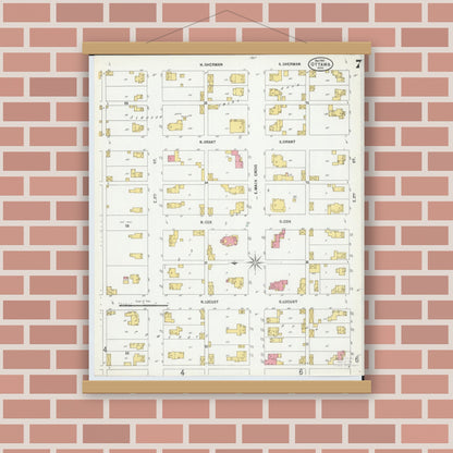 Old map wall art mockup — magnetic wood frame on brick wall — Sanborn Fire Insurance Map from Ottawa, Putnam County, Ohio (1900), Sheet #0007