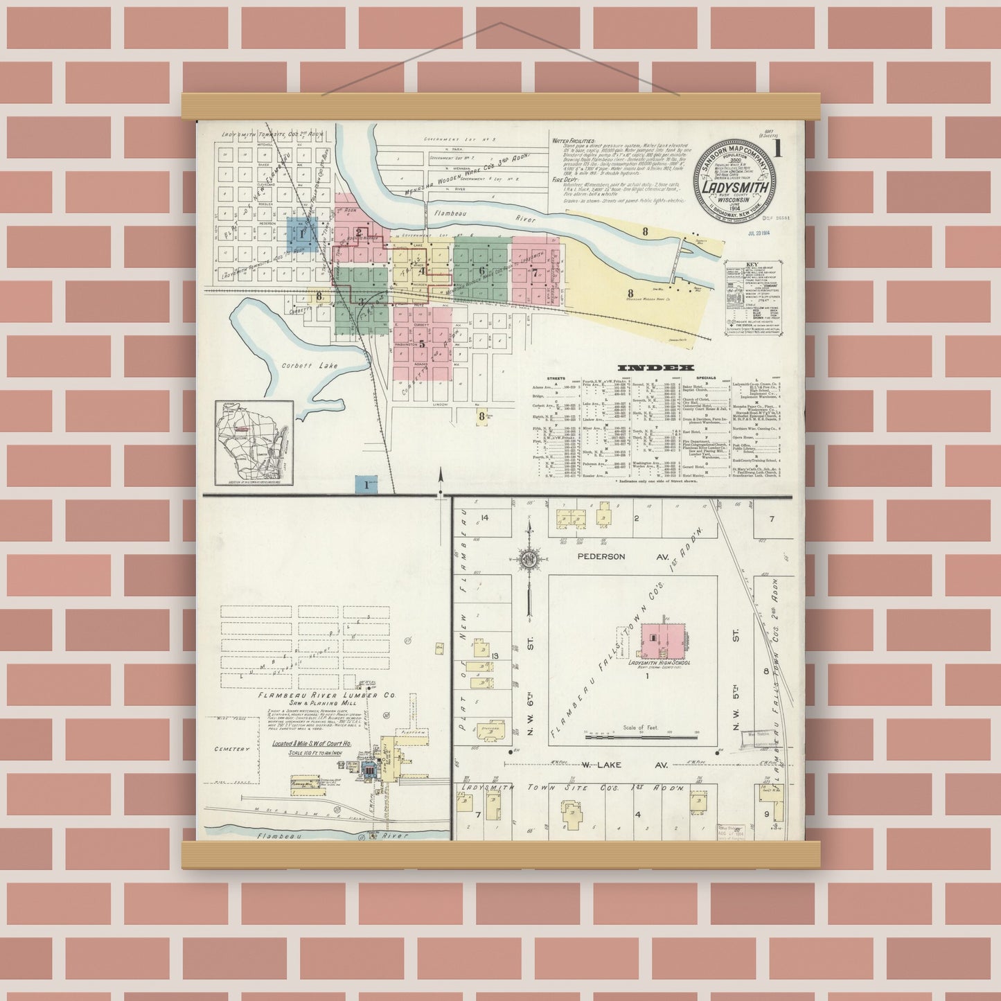 Old map wall art mockup — magnetic wood frame on brick wall — Sanborn Fire Insurance Map from Ladysmith, Rusk County, Wisconsin (1914) - Complete Map Set