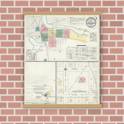 Old map wall art mockup — magnetic wood frame on brick wall — Sanborn Fire Insurance Map from Ladysmith, Rusk County, Wisconsin (1914) - Complete Map Set