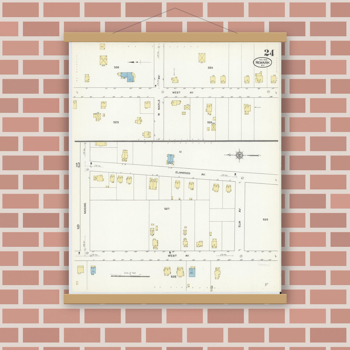 Old map wall art mockup — magnetic wood frame on brick wall — Sanborn Fire Insurance Map from Newark, Wayne County, New York (1912), Sheet #0024