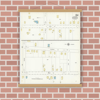 Old map wall art mockup — magnetic wood frame on brick wall — Sanborn Fire Insurance Map from Newark, Wayne County, New York (1912), Sheet #0024