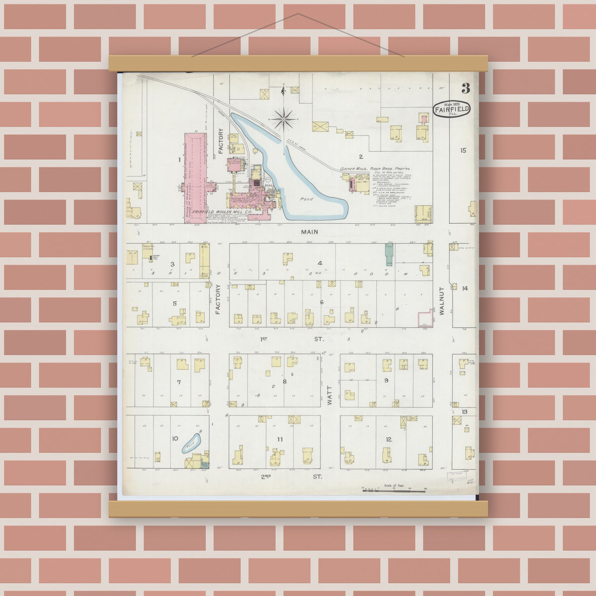 Old map wall art mockup — magnetic wood frame on brick wall — Sanborn Fire Insurance Map from Fairfield, Wayne County, Illinois (1893), Sheet #0003