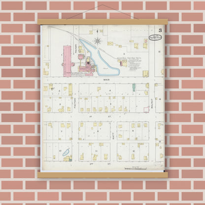 Old map wall art mockup — magnetic wood frame on brick wall — Sanborn Fire Insurance Map from Fairfield, Wayne County, Illinois (1893), Sheet #0003