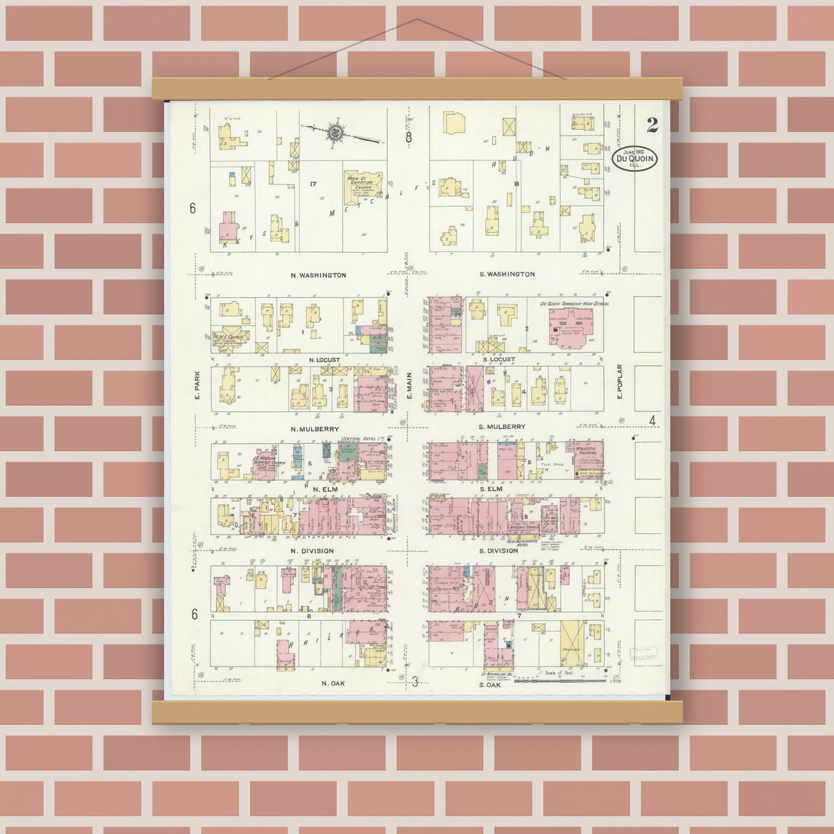 Old map wall art mockup — magnetic wood frame on brick wall — Sanborn Fire Insurance Map from Du Quoin, Perry County, Illinois (1910), Sheet #0002