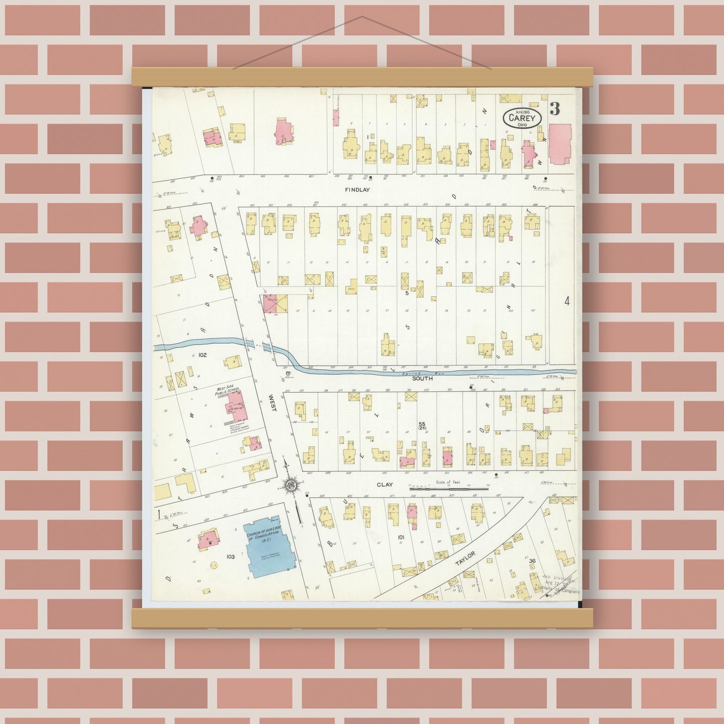Old map wall art mockup — magnetic wood frame on brick wall — Sanborn Fire Insurance Map from Carey, Wyandot County, Ohio (1916), Sheet #0003
