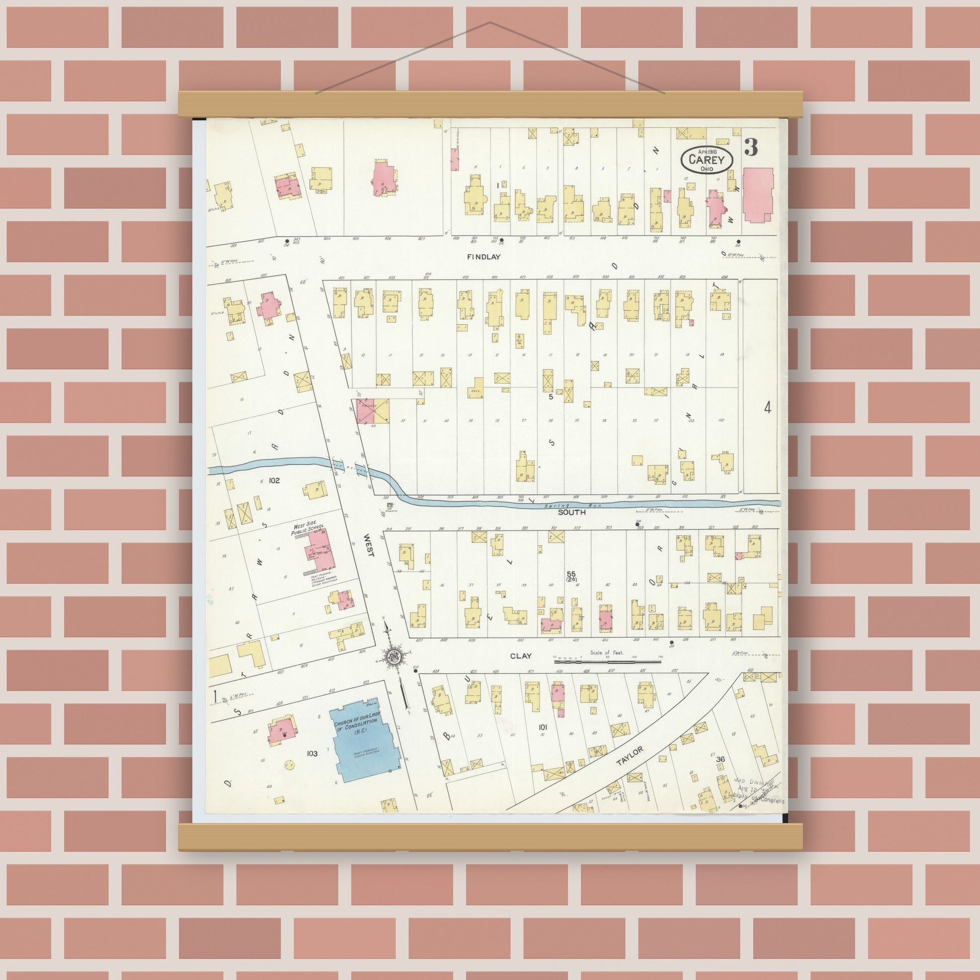 Old map wall art mockup — magnetic wood frame on brick wall — Sanborn Fire Insurance Map from Carey, Wyandot County, Ohio (1916), Sheet #0003