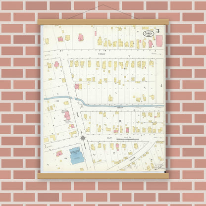 Old map wall art mockup — magnetic wood frame on brick wall — Sanborn Fire Insurance Map from Carey, Wyandot County, Ohio (1916), Sheet #0003