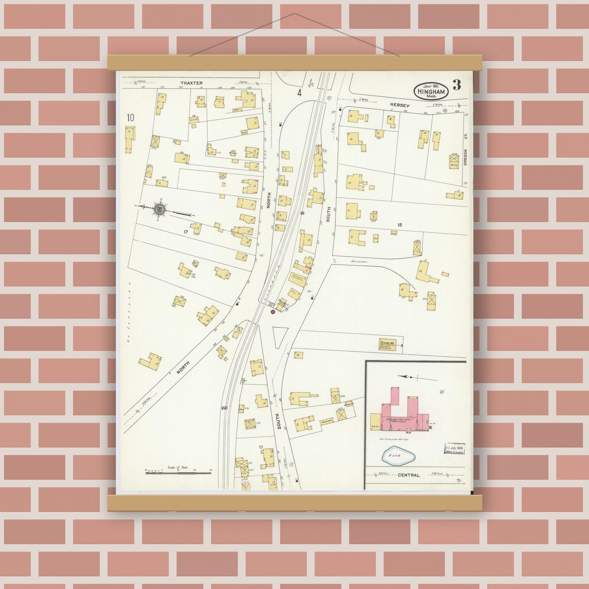 Old map wall art mockup — magnetic wood frame on brick wall — Sanborn Fire Insurance Map from Hingham, Plymouth County, Massachusetts (1911), Sheet #0003