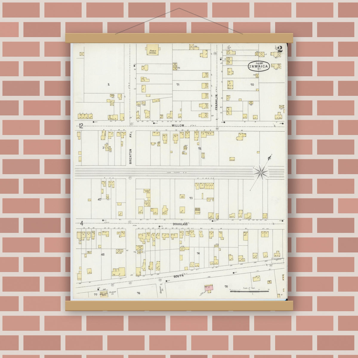 Old map wall art mockup — magnetic wood frame on brick wall — Sanborn Fire Insurance Map from Jamaica, Queens County, New York (1897) - Complete Map Set