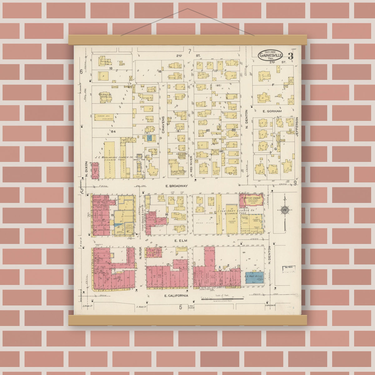 Old map wall art mockup — magnetic wood frame on brick wall — Sanborn Fire Insurance Map from Gainesville, Cooke County, Texas (1922), Sheet #0003