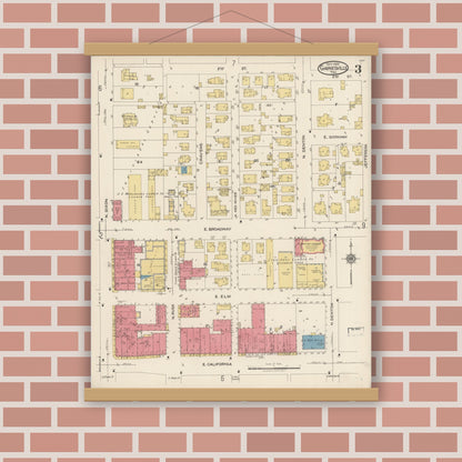 Old map wall art mockup — magnetic wood frame on brick wall — Sanborn Fire Insurance Map from Gainesville, Cooke County, Texas (1922), Sheet #0003