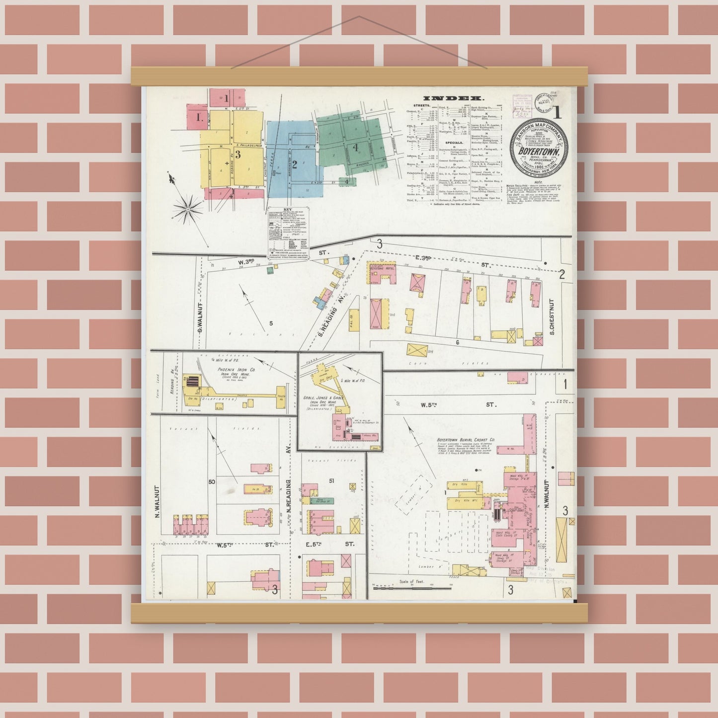 Old map wall art mockup — magnetic wood frame on brick wall — Sanborn Fire Insurance Map from Boyertown, Berks County, Pennsylvania (1902) - Complete Map Set
