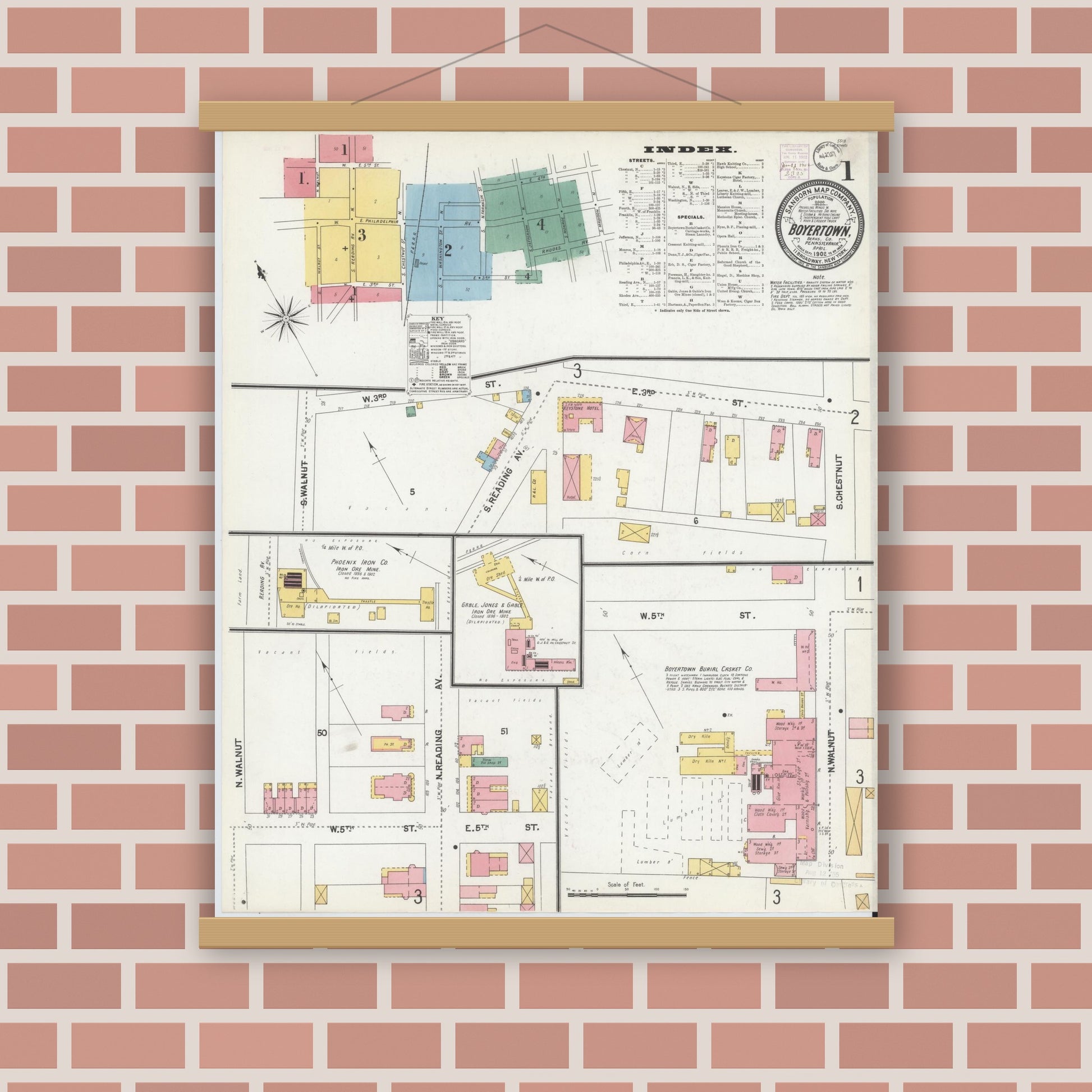 Old map wall art mockup — magnetic wood frame on brick wall — Sanborn Fire Insurance Map from Boyertown, Berks County, Pennsylvania (1902) - Complete Map Set