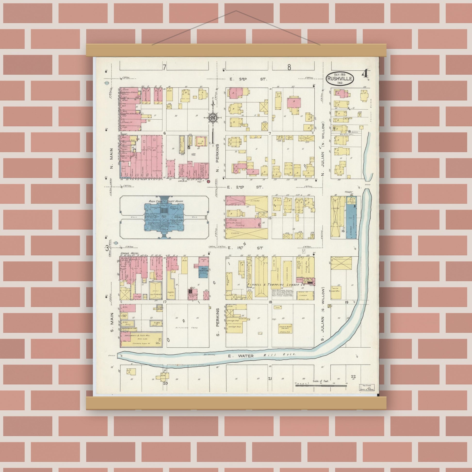Old map wall art mockup — magnetic wood frame on brick wall — Sanborn Fire Insurance Map from Rushville, Rush County, Indiana (1913), Sheet #0004