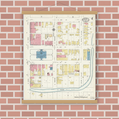 Old map wall art mockup — magnetic wood frame on brick wall — Sanborn Fire Insurance Map from Rushville, Rush County, Indiana (1913), Sheet #0004