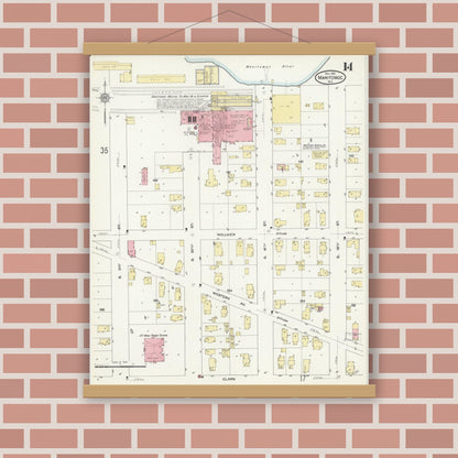 Old map wall art mockup — magnetic wood frame on brick wall — Sanborn Fire Insurance Map from Manitowoc, Manitowoc County, Wisconsin (1912), Sheet #0014
