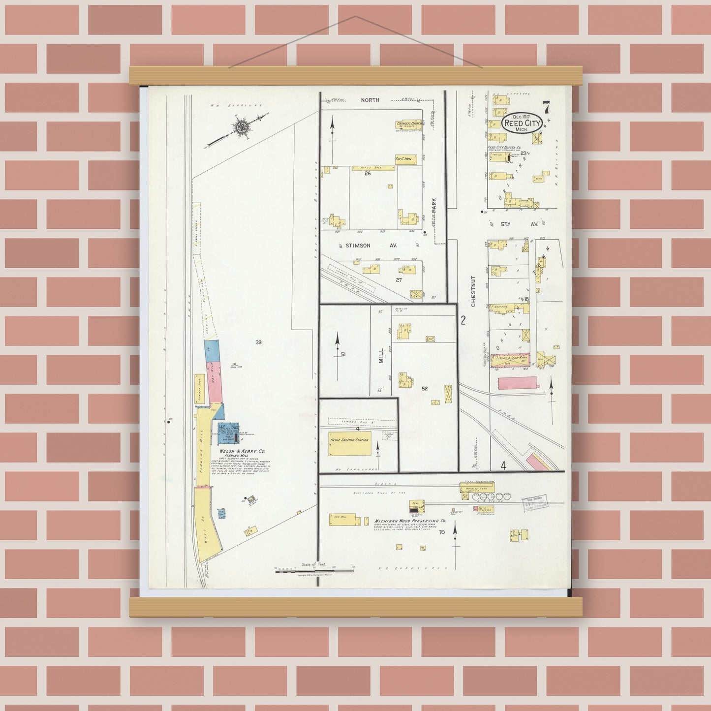 Old map wall art mockup — magnetic wood frame on brick wall — Sanborn Fire Insurance Map from Reed City, Osceola County, Michigan (1917), Sheet #0007