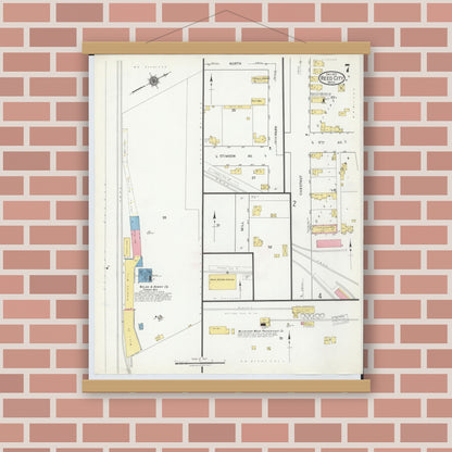 Old map wall art mockup — magnetic wood frame on brick wall — Sanborn Fire Insurance Map from Reed City, Osceola County, Michigan (1917), Sheet #0007