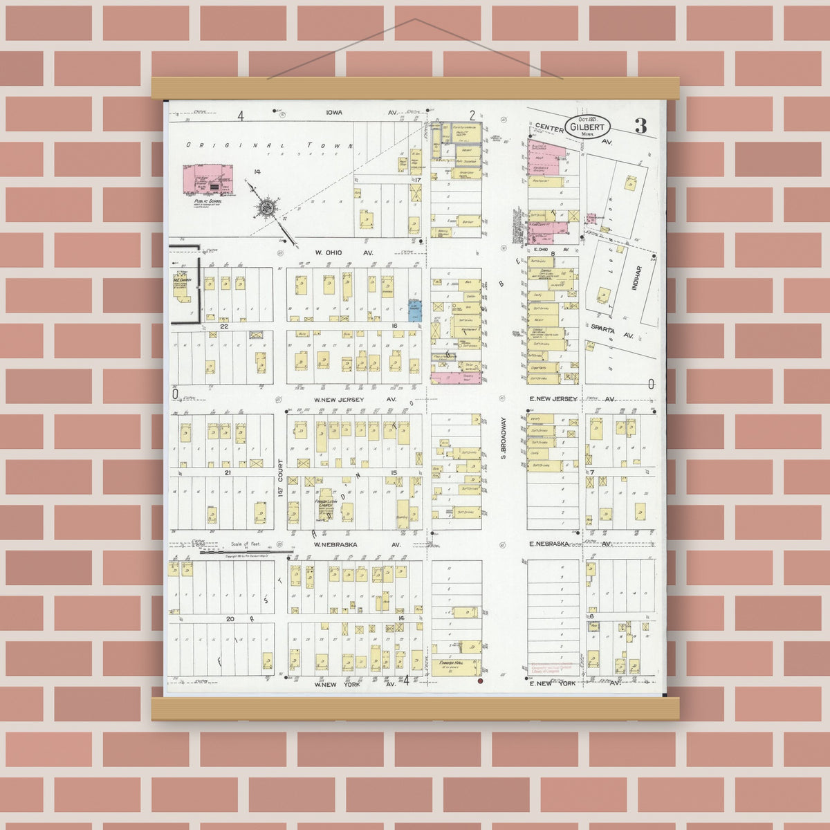 Old map wall art mockup — magnetic wood frame on brick wall — Sanborn Fire Insurance Map from Gilbert, Saint Louis County, Minnesota (1921), Sheet #0003