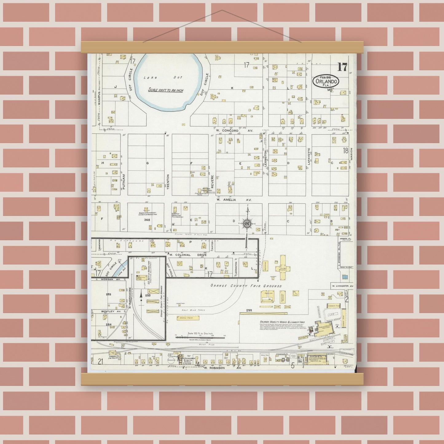 Old map wall art mockup — magnetic wood frame on brick wall — Sanborn Fire Insurance Map from Orlando, Orange County, Florida (1919), Sheet #0017