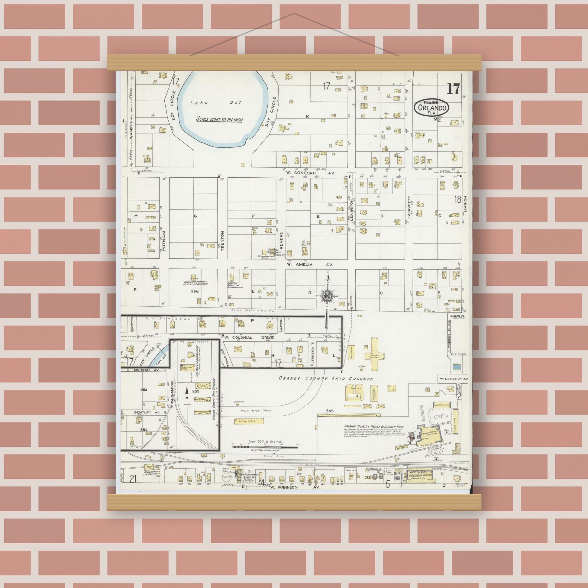 Old map wall art mockup — magnetic wood frame on brick wall — Sanborn Fire Insurance Map from Orlando, Orange County, Florida (1919), Sheet #0017