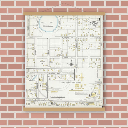 Old map wall art mockup — magnetic wood frame on brick wall — Sanborn Fire Insurance Map from Orlando, Orange County, Florida (1919), Sheet #0017