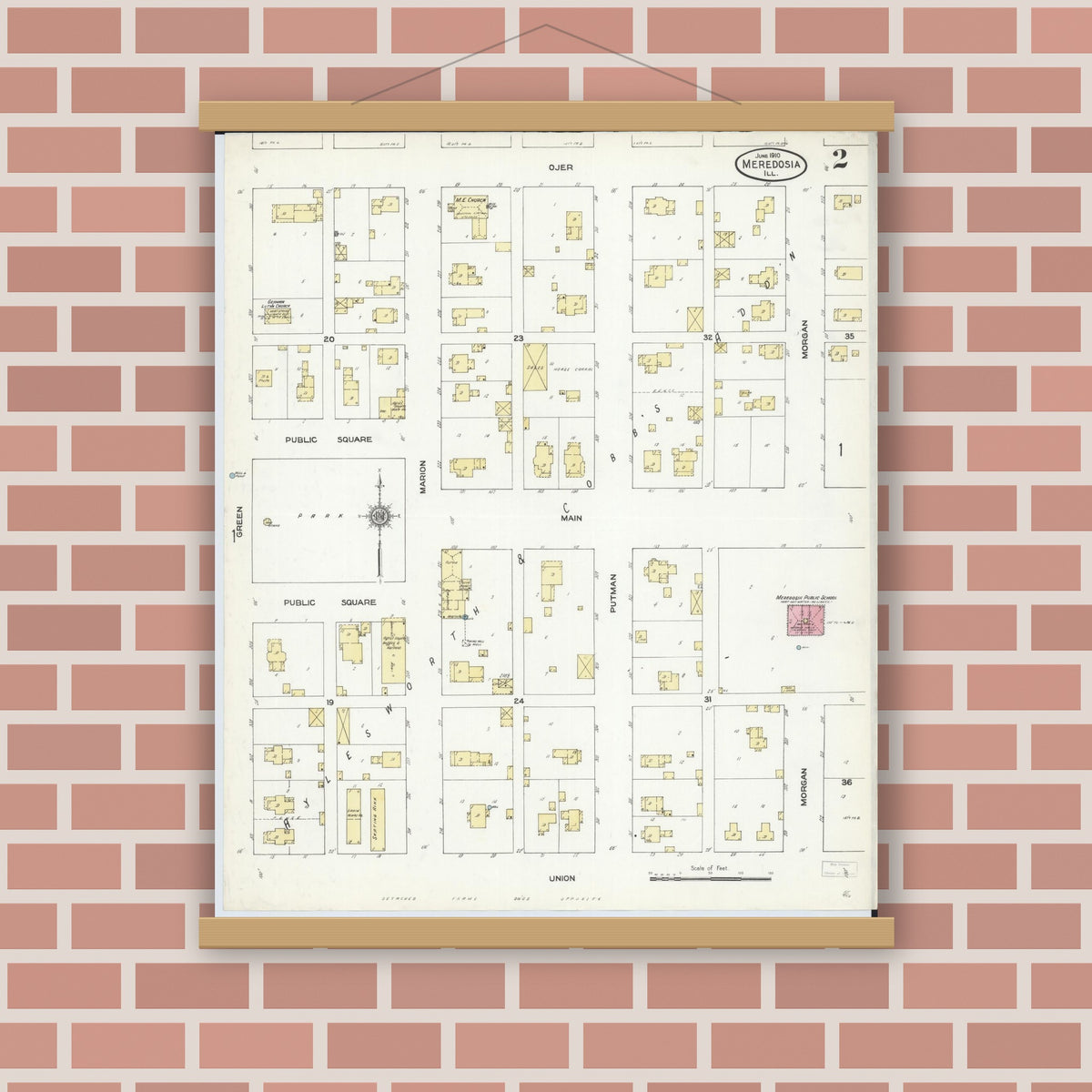 Old map wall art mockup — magnetic wood frame on brick wall — Sanborn Fire Insurance Map from Meredosia, Morgan County, Illinois (1910), Sheet #0002