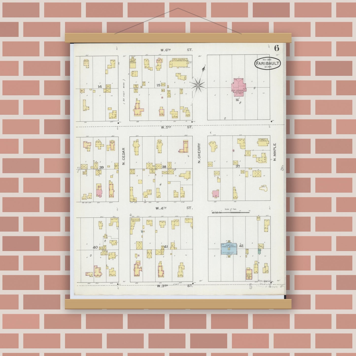 Old map wall art mockup — magnetic wood frame on brick wall — Sanborn Fire Insurance Map from Faribault, Rice County, Minnesota (1893), Sheet #0006