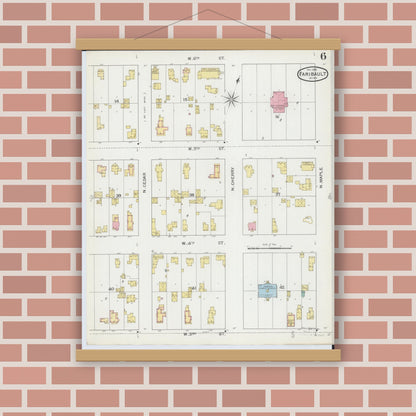 Old map wall art mockup — magnetic wood frame on brick wall — Sanborn Fire Insurance Map from Faribault, Rice County, Minnesota (1893), Sheet #0006