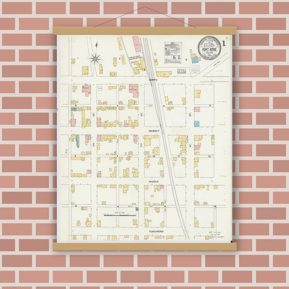 Old map wall art mockup — magnetic wood frame on brick wall — Sanborn Fire Insurance Map from Port Royal, Juniata County, Pennsylvania (1904) - Complete Map Set