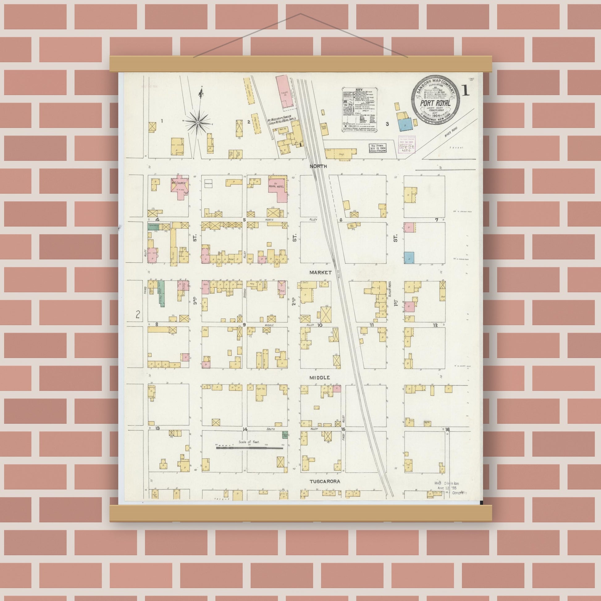 Old map wall art mockup — magnetic wood frame on brick wall — Sanborn Fire Insurance Map from Port Royal, Juniata County, Pennsylvania (1904) - Complete Map Set