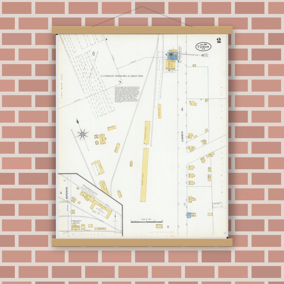 Old map wall art mockup — magnetic wood frame on brick wall — Sanborn Fire Insurance Map from Tomah, Monroe County, Wisconsin (1904), Sheet #0002