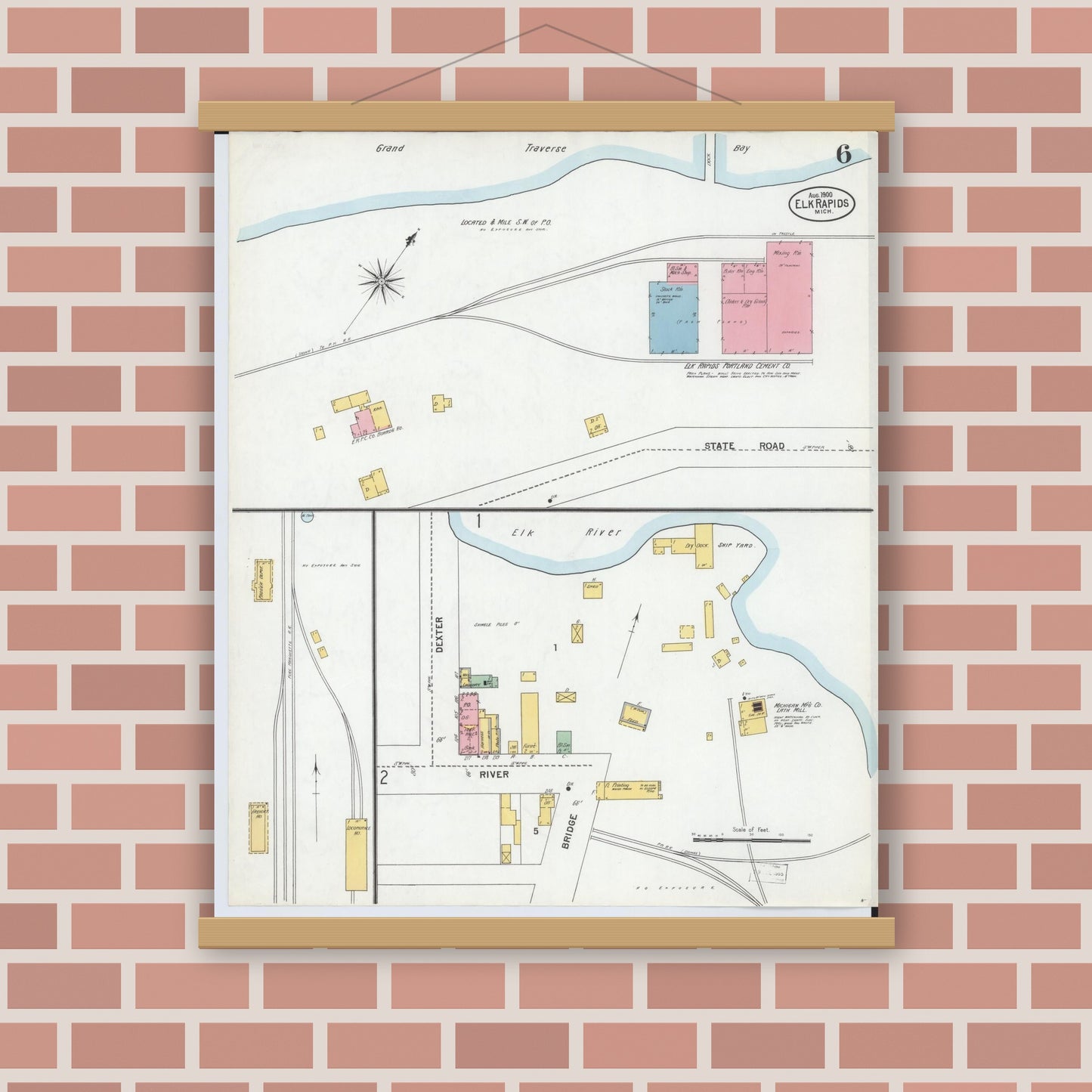 Old map wall art mockup — magnetic wood frame on brick wall — Sanborn Fire Insurance Map from Elk Rapids, Antrim County, Michigan (1900), Sheet #0006