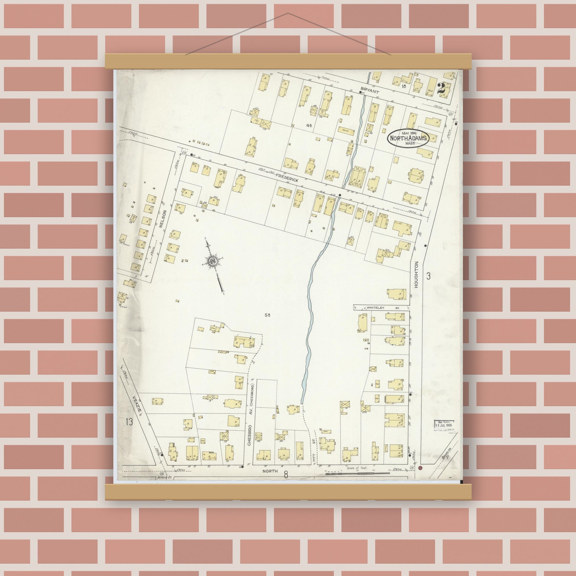 Old map wall art mockup — magnetic wood frame on brick wall — Sanborn Fire Insurance Map from North Adams, Berkshire County, Massachusetts (1914), Sheet #0002