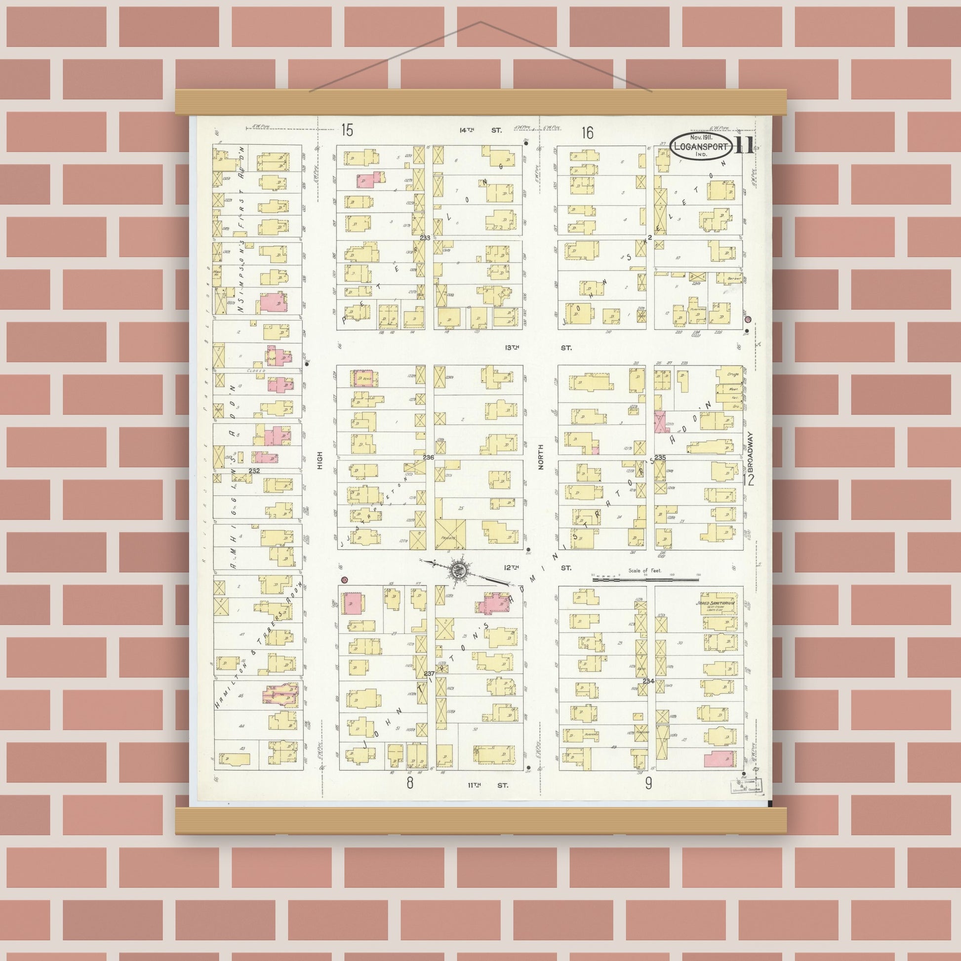 Old map wall art mockup — magnetic wood frame on brick wall — Sanborn Fire Insurance Map from Logansport, Cass County, Indiana (1911), Sheet #0011