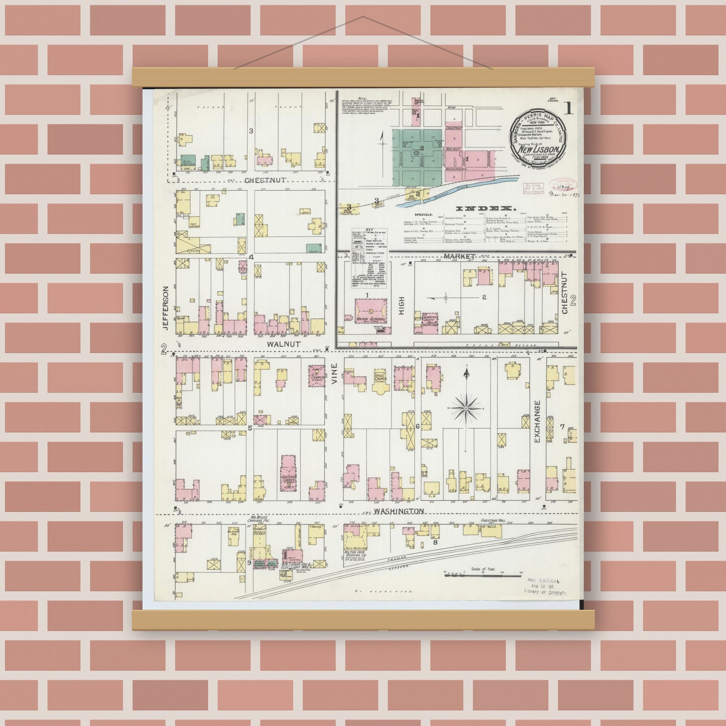 Old map wall art mockup — magnetic wood frame on brick wall — Sanborn Fire Insurance Map from New Lisbon, Columbiana County, Ohio (1893) - Complete Map Set