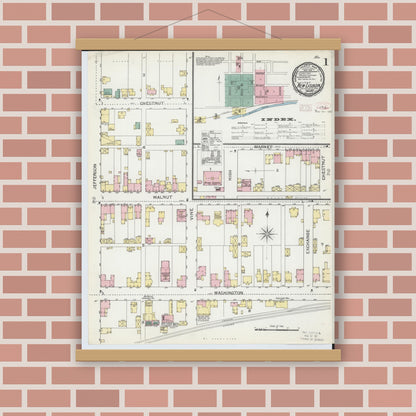 Old map wall art mockup — magnetic wood frame on brick wall — Sanborn Fire Insurance Map from New Lisbon, Columbiana County, Ohio (1893) - Complete Map Set
