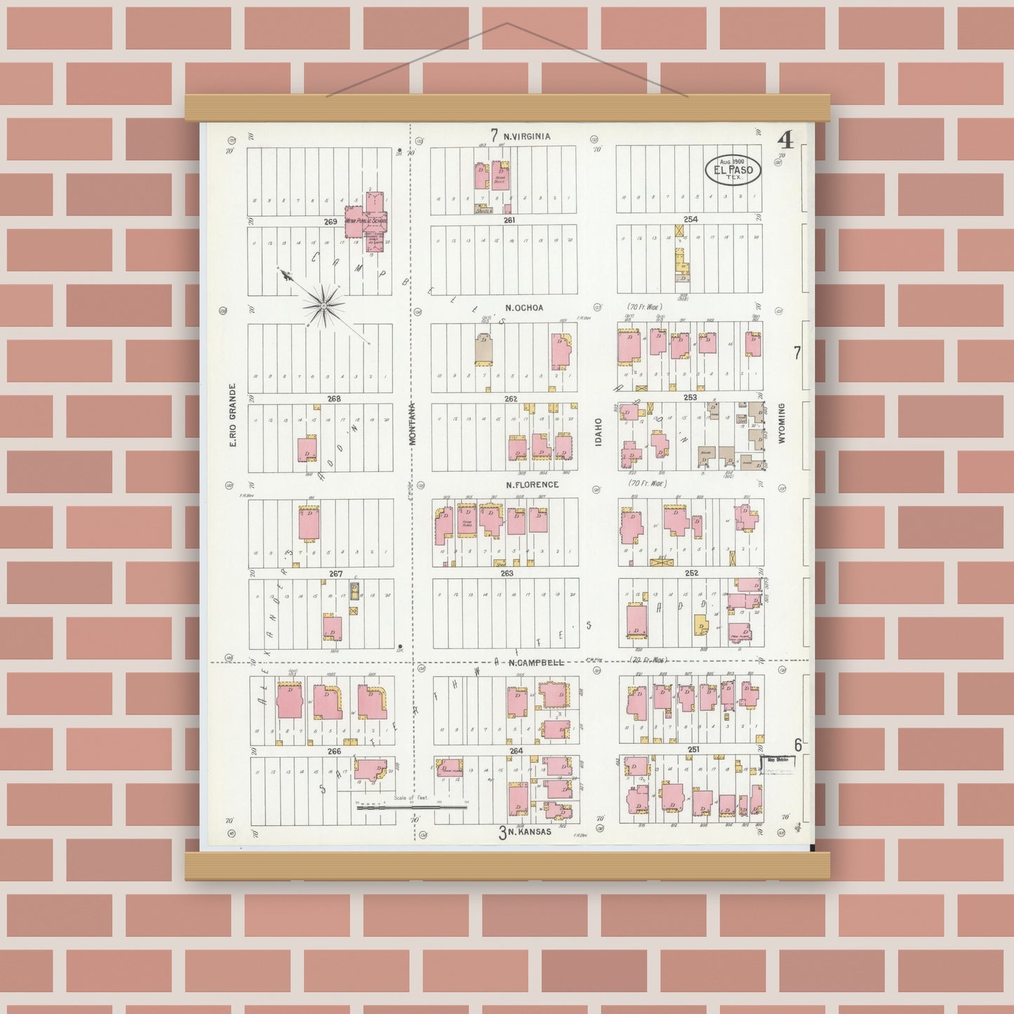 Old map wall art mockup — magnetic wood frame on brick wall — Sanborn Fire Insurance Map from El Paso, El Paso County, Texas (1900), Sheet #0004