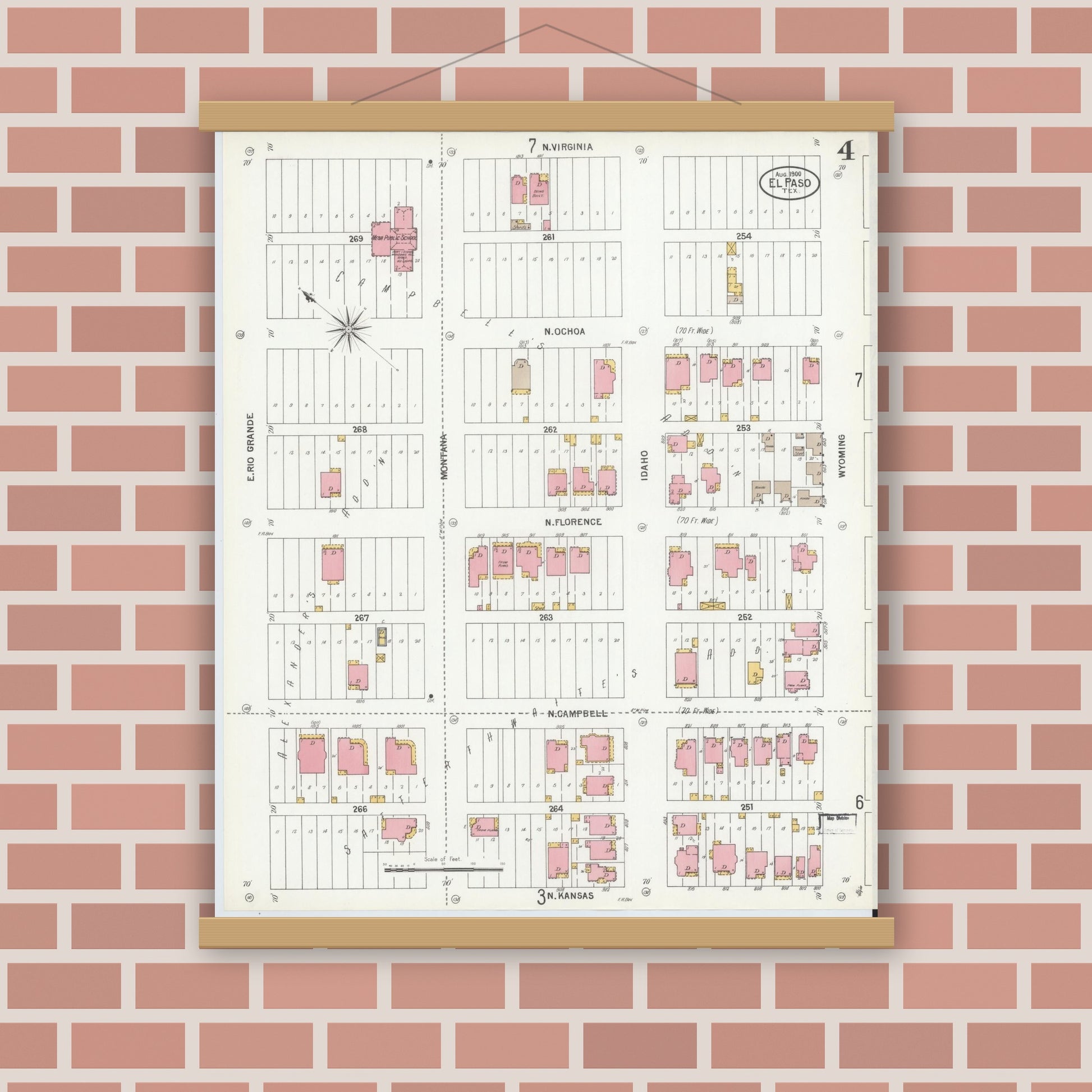 Old map wall art mockup — magnetic wood frame on brick wall — Sanborn Fire Insurance Map from El Paso, El Paso County, Texas (1900), Sheet #0004