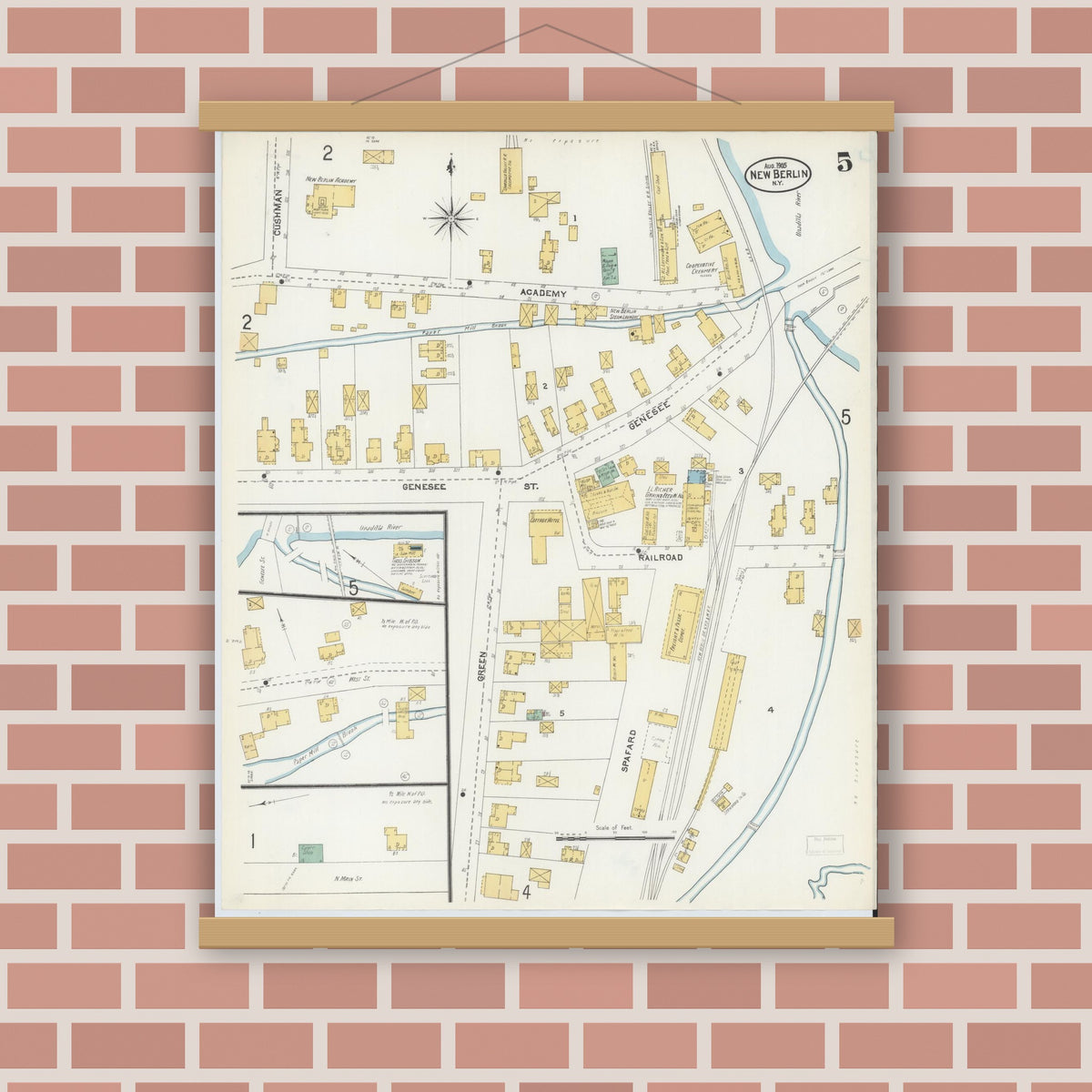 Old map wall art mockup — magnetic wood frame on brick wall — Sanborn Fire Insurance Map from New Berlin, Chenango County, New York (1905), Sheet #0005