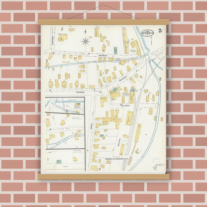 Old map wall art mockup — magnetic wood frame on brick wall — Sanborn Fire Insurance Map from New Berlin, Chenango County, New York (1905), Sheet #0005
