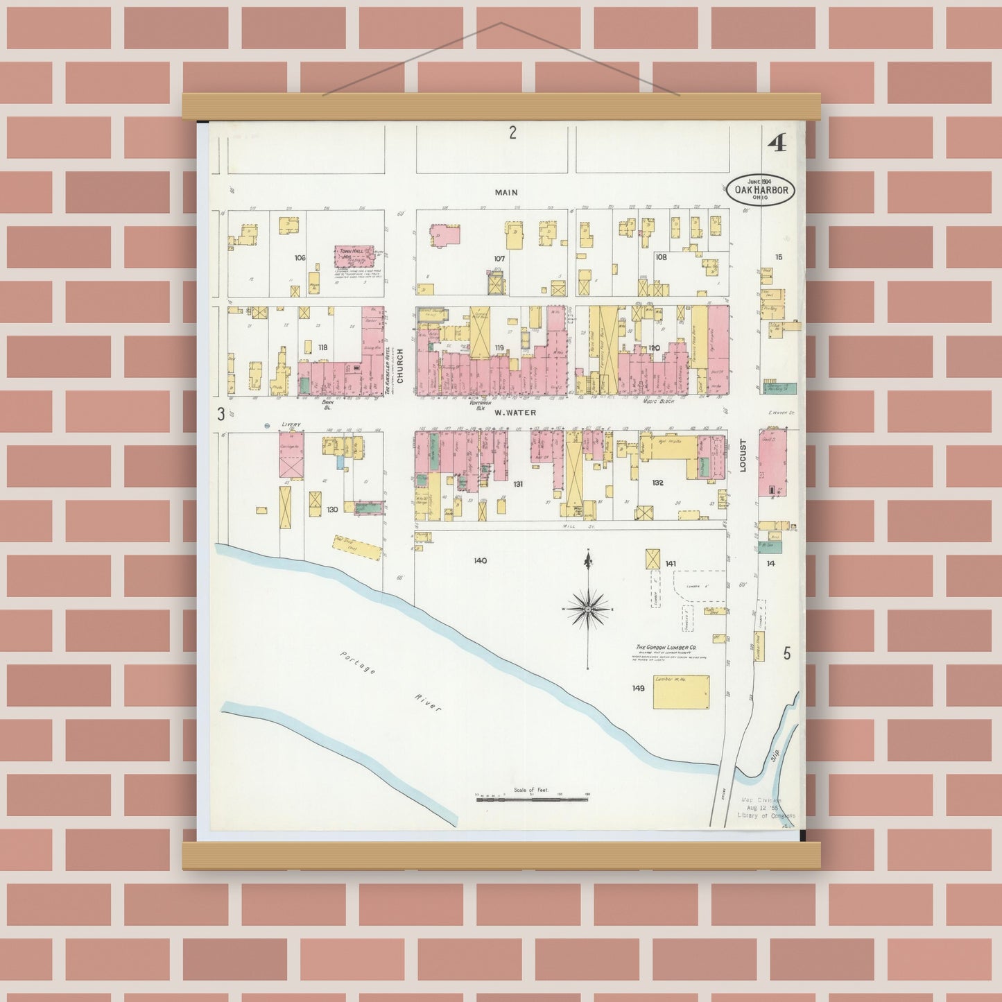 Old map wall art mockup — magnetic wood frame on brick wall — Sanborn Fire Insurance Map from Oak Harbor, Ottawa County, Ohio (1904), Sheet #0004